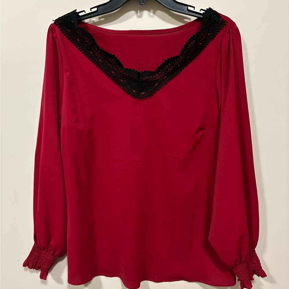 Elegant Red Women's Top with Black Lace Trim medium